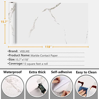 VEELIKE 15.7''x118'' White Marble Contact Paper for Countertops Waterproof Self Adhesive Matte Marble Wallpaper Peel and Stick Countertops for Kitchen Counter Top Covers for Bathroom Table Cabinets - size: 15.7" x 118"