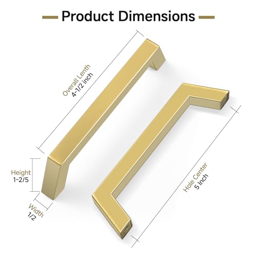 Estmoon 10 Pack 5 Inch Gold Cabinet Handles Brushed Brass Cabinet Pulls, Stainless Steel Kitchen Cabinet Handles Square Pulls for Cabinets and Drawers - 5" Hole Centers(128 mm) - color: Brushed Gold