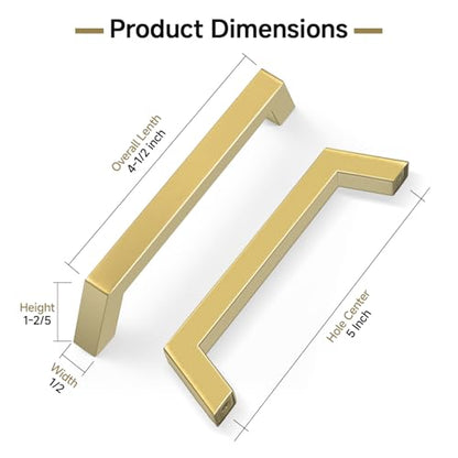 Estmoon 10 Pack 5 Inch Gold Cabinet Handles Brushed Brass Cabinet Pulls, Stainless Steel Kitchen Cabinet Handles Square Pulls for Cabinets and Drawers - 5" Hole Centers(128 mm) - color: Brushed Gold