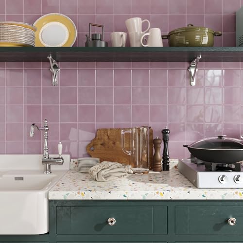 CRE8TIVE 4 Sheets Square Tile Peel and Stick Backsplash for Kitchen, 12"x12" Back Splash Stick on Tiles for Bathroom, Self Adhesive Renter Friendly Backsplash for Living Room, Fireplace (Pastel Pink) - size: 12"x12" (4-Sheets)