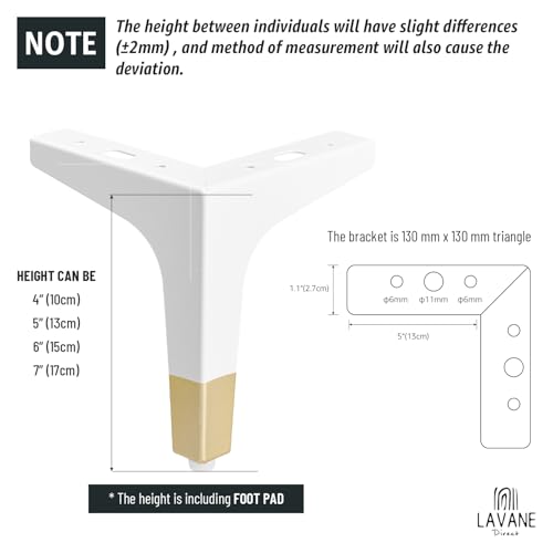 La Vane 4 Inch Diamond Triangle Metal Furniture Legs 4PCS- Heavy Duty Iron - color: White/Gold, size: 4" / 10cm