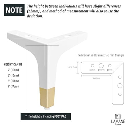 La Vane 4 Inch Diamond Triangle Metal Furniture Legs 4PCS- Heavy Duty Iron - color: White/Gold, size: 4" / 10cm