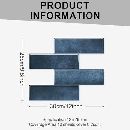 10 Sheets Thick Peel and Stick Backsplash, Self Adhesive Wall Tiles, Stick on Backsplash for Kitchen and Bathroom, 12"x9.8", Deep Blue - color: Deep Blue