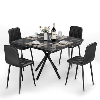 5-Piece Dining Table Set with 4 Chairs, Faux Marble, 39 Inch, Black - color: Black