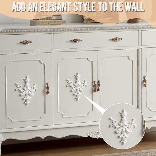2 PCS Baroque Style Flower Carved Onlay Applique White PVC Appliques for Furniture Decorative 3D Symmetrical Furniture Decorative for Cabinets Dressers Mirrors DIY Home(Classic) - style: Classic