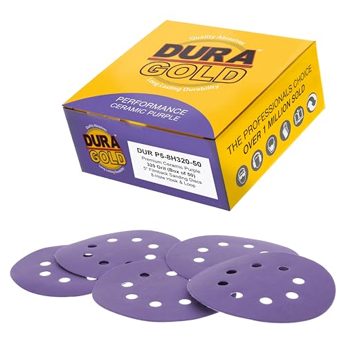 Dura-Gold 320 Grit 5" Purple Film Ceramic Sanding Discs, Box of 50, 8-Hole - style: 320 Grit