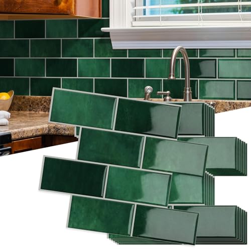 10-Sheet Thick Peel and Stick Kitchen Backsplash Tiles - color: Dark Green