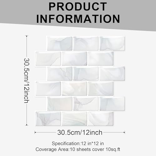 10 Sheets Thicker Design Peel and Stick Backsplash, 12"x12" Peel and Stick Wall Tiles, Subway Look Marble Tiles Backsplash for Kitchen and Bathroom, Light Gray Veins - color: Light Gray Veins