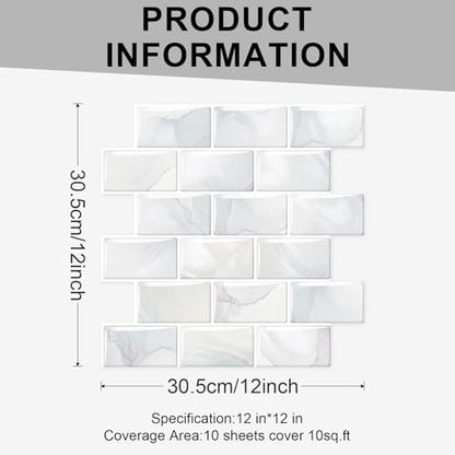 10 Sheets Thicker Design Peel and Stick Backsplash, 12"x12" Peel and Stick Wall Tiles, Subway Look Marble Tiles Backsplash for Kitchen and Bathroom, Light Gray Veins - color: Light Gray Veins