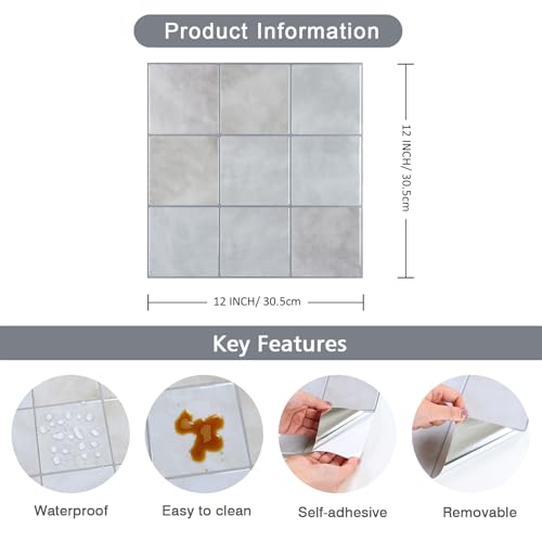 CHIHUT 6 Sheets 12"x12" Glossy Grey Concrete Checkered Peel and Stick Backsplash Tiles Waterproof Heat Resistant Self Adhesive Vinyl Wall Tiles for Kitchen Bathroom Laundry Room Renter Friendly Tiles - color: Gray, size: 6 Tiles