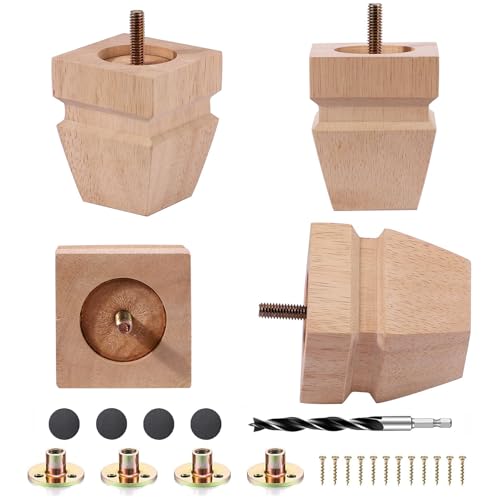 Unfinished Oak Sofa Legs-Heavy Duty Mid Century Solid Wood Replacement Furniture Legs Set of 4 for Couch, Table, Bench, Bed, Dresser, Chair - with Installation Hardware (Natural 3" H*2.5" W) - color: Plain Wood Color, size: 3"H*2.5"W
