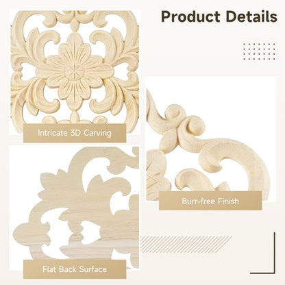 20Pcs Wood Carved Onlays, Unpainted Furniture Cabinet Door Decor Ornaments