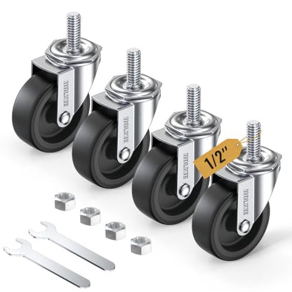 HOLKIE Caster Wheels 3 inch with No Brake Stem Casters, 1/2" -13 x 1-1/4" (Stem Diameter 1/2", Stem Length 1-1/4") Threaded Swivel Casters Set of 4 Heavy Duty Castors Black - color: Black-4Pack, size: 1/2" -13 x 1-1/4"