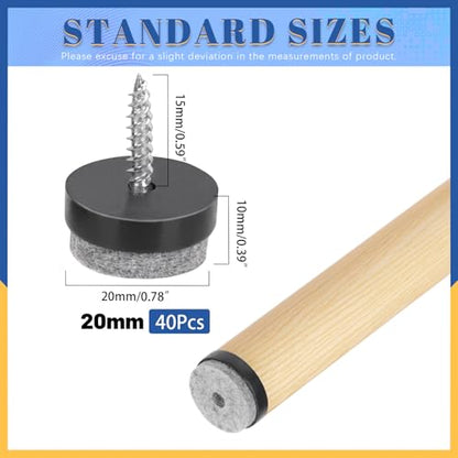 Glarks 40pcs Black 20MM Furniture Glide Screw-on Furniture Antiskid Felt Pad Slider Floor Protector for Wooden Leg Feet of Chair Table Sofa Stool