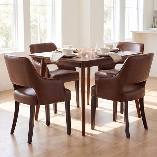 chairus Farmhouse Dining Chairs with Arms Set of 4, Brown PU Leather Upholstered Kitchen & Dining Room Chairs, Curved Open Back Chairs with Walnut Solid Wood Legs & Thick Cushion, Brown - color: Brown