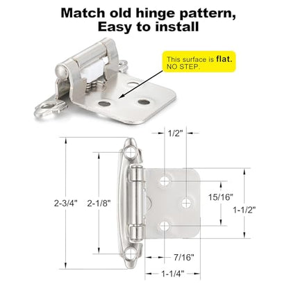 Brushed Nickel Cabinet Hinges, 1/2” Overlay, 4 Pack - color: Brushed Nickel, size: 1/2 Inch Overlay