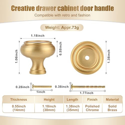 2 Pack Matt Brushed Gold Solid Brass Kitchen Cabinet Knobs,Drawer Pulls, 1.18 Inch 30mm Diameter, Modern Furniture Handles for Cupboard Wardrobe(Antique) - style: Brushed Gold