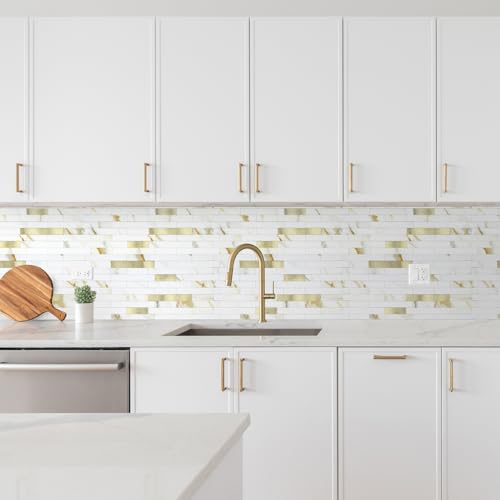 5 - Sheet Peel and Stick Backsplash Wall Tile, PVC Kitchen Backsplash, Stick on Tiles for Backsplash Kitchen (12'' X 12'', White with Gold) - color: White With Gold