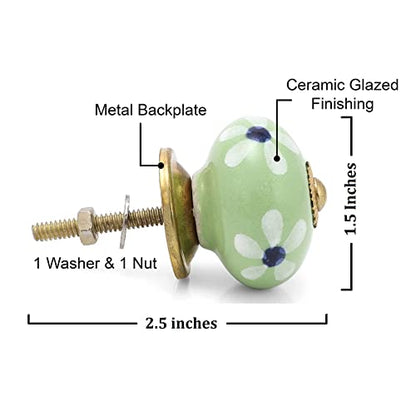 Kitchen Cabinet Knobs - Indian Handmade Ceramic Dresser Pull Handle Kitchen Cupboard Wardrobe Drawer Pulls Boho Furniture Hardware - Olive Green Floral - Pack of 4 - color: Olive Green Floral