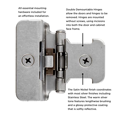 Hickory Hardware P5310-SN Double Demountable Hinge - 170° Opening Face Frame - 1/2 Inch Overlay Self-Closing Feature - Easy Installation Cabinet Screwless Mounting Satin Nickel Finish 1 Pair - color: Satin Nickel
