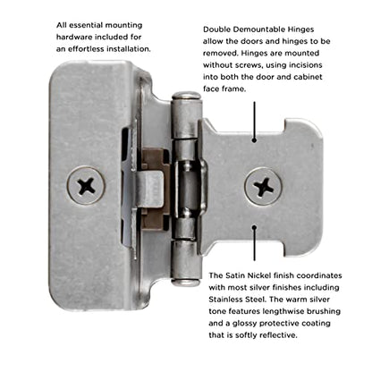 Hickory Hardware P5310-SN Double Demountable Hinge - 170° Opening Face Frame - 1/2 Inch Overlay Self-Closing Feature - Easy Installation Cabinet Screwless Mounting Satin Nickel Finish 1 Pair - color: Satin Nickel