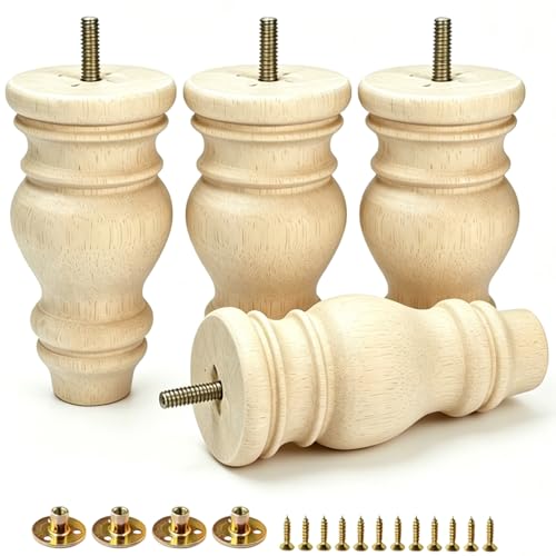 5 Inch Unfinished Solid Wood Furniture Legs Set of 4 Replacement Bun Feet with Mounting Plates & Screws for Couch Sofa Chair Dresser Cabinet & Home DIY