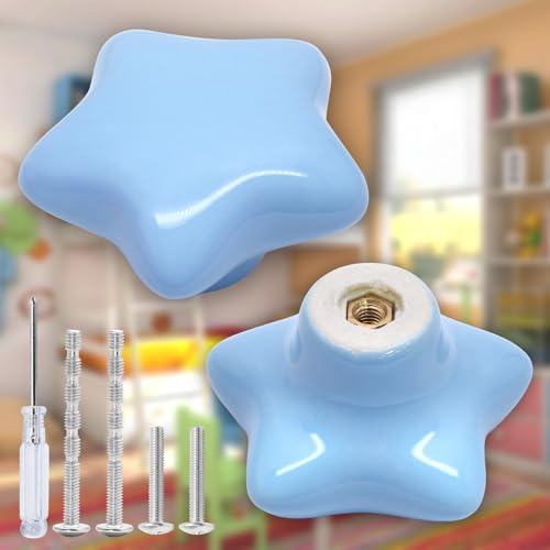 2pcs Ceramic Star Blue Drawer Knobs, Cute Cabinet Pulls for Kids - color: Blue + Star Shape, size: 2 Pack