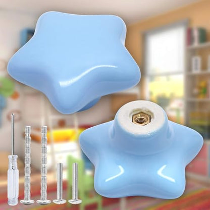 2pcs Ceramic Star Blue Drawer Knobs, Cute Cabinet Pulls for Kids - color: Blue + Star Shape, size: 2 Pack