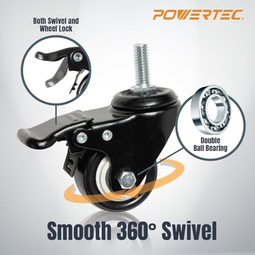 POWERTEC 2 Inch Caster Wheels Set of 4, 3/8"-16 x 1 Stem Casters - 2 Casters W/Dual Locking Break - Heavy Duty 350 lbs, 360° Swivel, PU Castor Wheels for Furniture, Carts, Trolleys, Toolboxes (17220)
