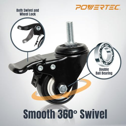 POWERTEC 2 Inch Caster Wheels Set of 4, 3/8"-16 x 1 Stem Casters - 2 Casters W/Dual Locking Break - Heavy Duty 350 lbs, 360° Swivel, PU Castor Wheels for Furniture, Carts, Trolleys, Toolboxes (17220)