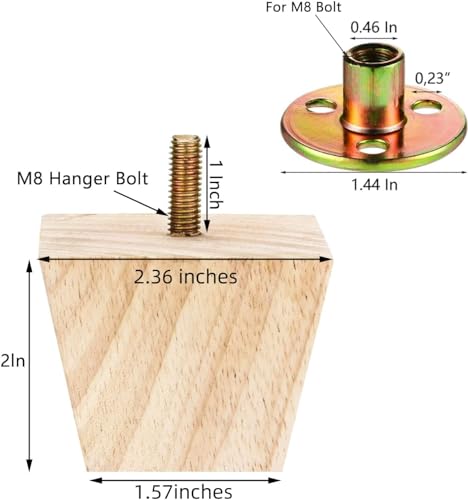 4PCS Wood Furniture Legs 2 inches Square Furniture Legs with Bolt Walnut Sofa Legs Couch Legs Replacement for Legs for Piano Bench, Chest-Turned-Coffee Table (Unfinished Wood Color) - color: Square Unfinished