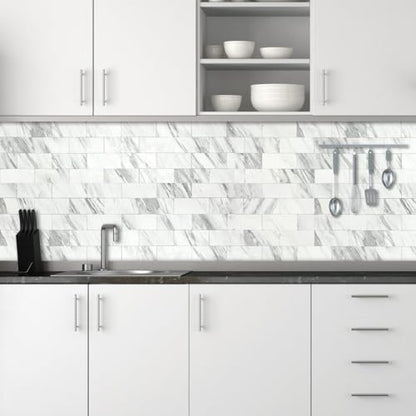 AULIGET 100-Piece White Marble Look Peel and Stick Backsplash Wall Tiles, 3" x 6" PVC Faux Stone Stick on Tile for Backsplash Kitchen, Bathroom, Laundry Room, Camper, Fireplace - color: White Marble