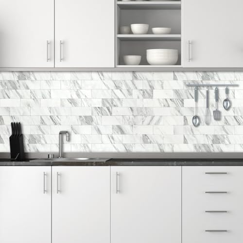 AULIGET 100-Piece White Marble Look Peel and Stick Backsplash Wall Tiles, 3" x 6" PVC Faux Stone Stick on Tile for Backsplash Kitchen, Bathroom, Laundry Room, Camper, Fireplace - color: White Marble