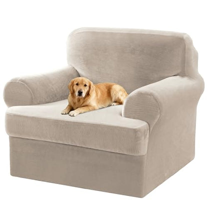 2 Pieces T Cushion Chair Covers with Arms Thick Velvet Couch Cover Stretch T Cushion Sofa Covers for Living Room Chair Cover with Individual T Cushion Covers , Washable (1 Cushion Chair, French Oak) - color: French Oak, size: Armchair (1 Cushion)