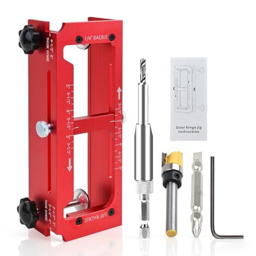 Door Hinge Jig, Aluminum Alloy Door Hinge Mortiser, Adjustable Mortise Jig Fits for Door Hinges from 2.5” to 5” Length and Types of Sqaure, Radius 1/4”, Radius5/8 - color: Red