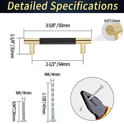 3.5" Long Knurled Cabinet Pulls 12 Pack - 2-1/2" Hole to Hole, Black & Gold - color: Black, size: 64mm | 2-1/2 inch C/C