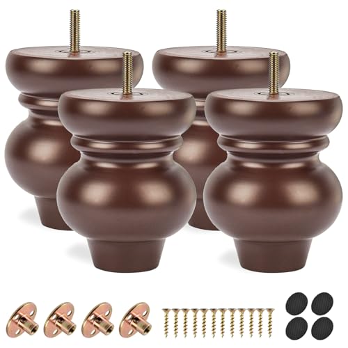 5 inch / 12cm Wooden Furniture Legs, Pack of 4 Classic Walnut Solid Wood Turned DIY Replacement Bun Feet with M8 Hanger Bolts & T-Nuts for Sofa Couch Cabinet Ottoman Bed Riser