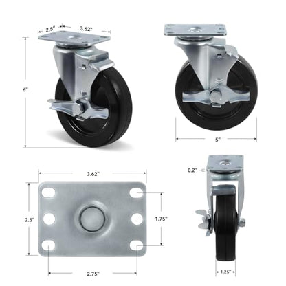 Caster Wheels, 5 inch Heavy Duty Casters, Set of 4 Hard Rubber for Cart Furniture Workbench - Load 1400lbs Capacity (4 Pack Brake - style: 4 Pack Brake