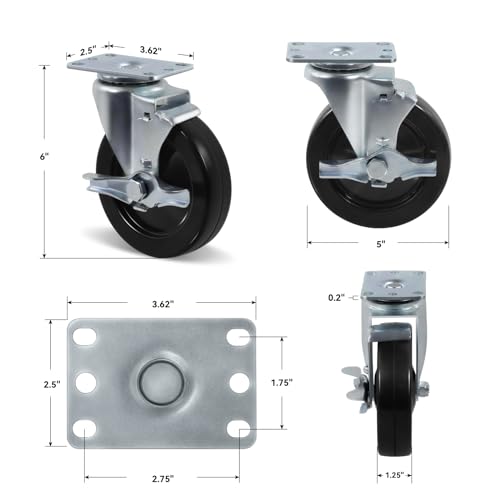 5" Casters, Heavy Duty Industrial Swivel Caster Wheels with Brake, Plate Hard Rubber Wheel for Cart Furniture Workbench (12 Brake) - style: 12 Pack Brake