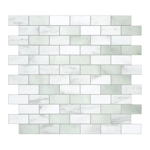 10-Sheet Subway Peel and Stick Backsplash Tile, 11.3" x 10.8" Emerald Green Stone Composite Marble Looks Self Adhesive Waterproof Wall Tile, Stick on Tiles for Kitchen Bathroom Shower Fireplace - color: Emerald Green, size: 11.3*10.8*0.12inch(10 Sheets)