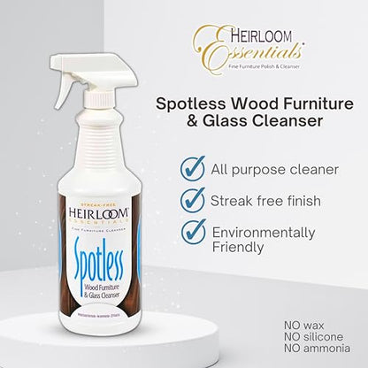 Heirloom Essentials Spotless Multisurface Cleaner Spray - Wood Cleaner Spray - Wood Furniture Cleaner & Glass Cleaner - Natural Window Cleaning Spray - Natural Wood Cleaner & Other Surfaces (32 oz) - size: 32 Fl Oz (Pack of 1)