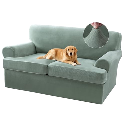 Sofa Cover 3 Piece T Cushion Loveseat Covers for 2 Cushion Couch Thick Velvet Couch Cover Stretch Furniture Covers with 2 Individual T Cushion Covers, Washable (2 Cushion Loveseat, Sea Grass) - color: Sea Grass, size: Loveseat (2 Cushion)