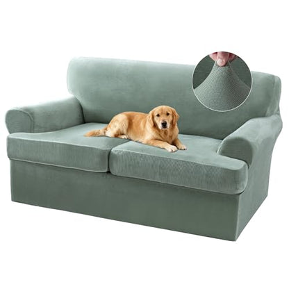 Sofa Cover 3 Piece T Cushion Loveseat Covers for 2 Cushion Couch Thick Velvet Couch Cover Stretch Furniture Covers with 2 Individual T Cushion Covers, Washable (2 Cushion Loveseat, Sea Grass) - color: Sea Grass, size: Loveseat (2 Cushion)