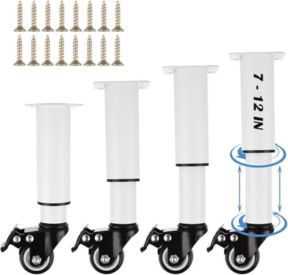 Set of 4 Metal Adjustable Furniture Legs with Wheels 7-12 Inch White Adjustable Table Legs with Casters Heavy Duty Bed Support with Brake Table Legs with Wheels for Cabinet Sofa Bed, 440LBS