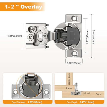 Probrico 4 Pack 2 Pair 1/2 inch Overlay Soft Close Cabinet Hinges Hidden Door Hinge for Kitchen Cabinet Hinges Concealed Self Closing Face Frame for Cupboard, Wardrobe, 105 Degree Opening Angel - size: 1/2 Inch