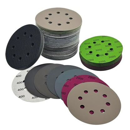 5 Inch Sanding Discs 140pcs Hook and Loop 8 Holes Wet Dry Sandpaper with 1pcs Interface Pad, Grit400 600 800 1000 1500 2000 3000 Orbital Sander Pads - style: 5in-8 hole 141pcs(Grit 400-3000)