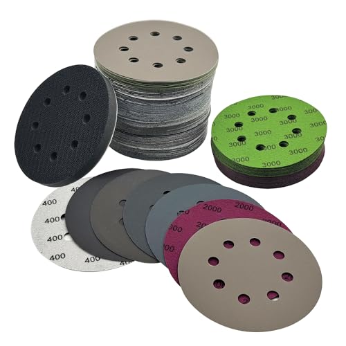 5 Inch Sanding Discs 140pcs Hook and Loop 8 Holes Wet Dry Sandpaper with 1pcs Interface Pad, Grit400 600 800 1000 1500 2000 3000 Orbital Sander Pads - style: 5in-8 hole 141pcs(Grit 400-3000)