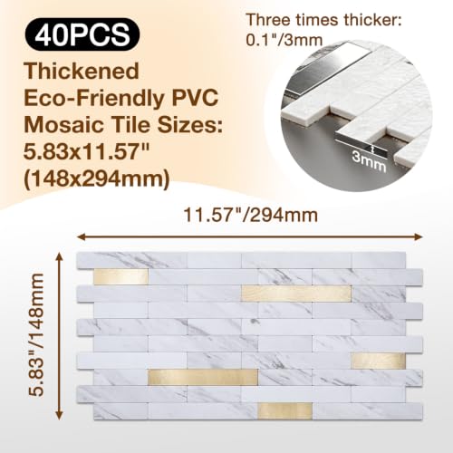 Peel and Stick Backsplash Tile Waterproof Removable PVC Wall Sticker 3D Faux Stone Marble Brick White Accent Panels (American Walnut - Metal Gold, 40 Tiles - 18 sq. ft. (1.68 m²)) - color: American Walnut - Metal Gold, size: 40 Tiles - 18 sq. ft. (1.68 m²