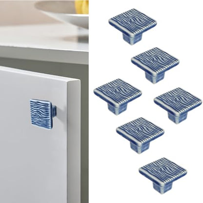 6 Pack Ceramic Drawer Pulls Square Cabinet Pulls Blue Drawer Knobs Wavy Natural Cabinet Handles Cute Dresser Knobs Boho Drawer Pull - color: Blue