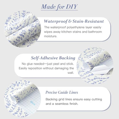 Heroad Peel and Stick Wallpaper Boho Blue Contact Paper Modern Botanical Wall Paper Waterproof Self Adhesive Removable Wallpaper for Bathroom Bedroom Kitchen Living Room Vinyl 17.3''x393'' - color: Blue Purple, size: 17.3" x 393"